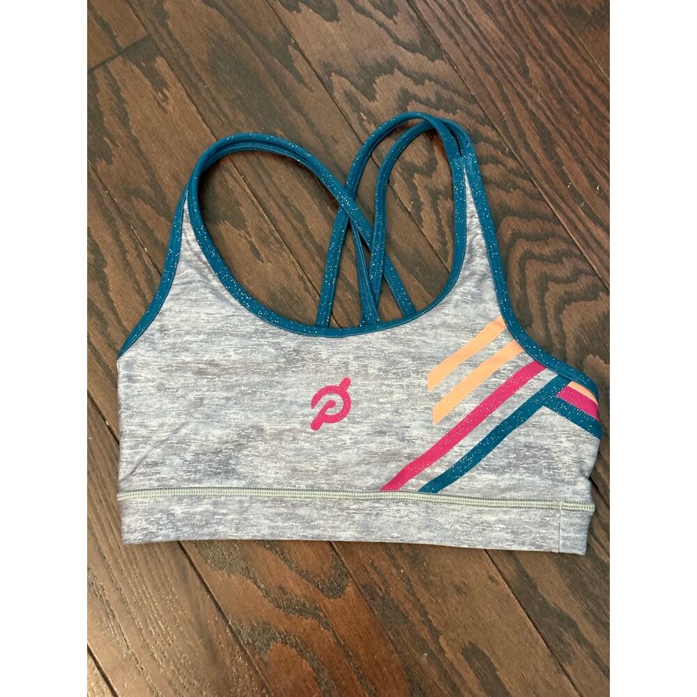 Peloton Gray Marl Strappy Sports Bra Teal Trim Pink Logo Size S